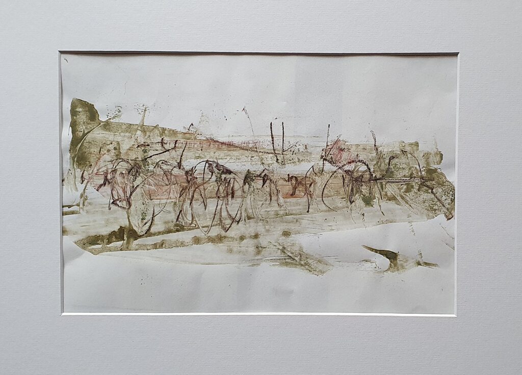 halbabstrakte flusslandschaft mit mehreren horizonten, bewohnt von wildem bewuchs der ufervegetation