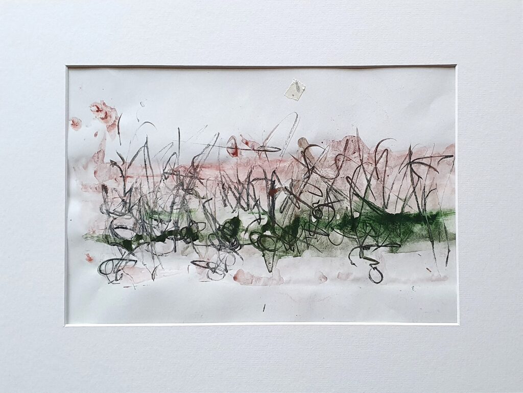 halbabstrakte flusslandschaft mit mehreren horizonten, bewohnt von wildem bewuchs der ufervegetation