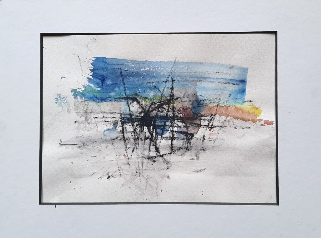 halbabstrakte flusslandschaft mit mehreren horizonten, bewohnt von wildem üfergestrüpp